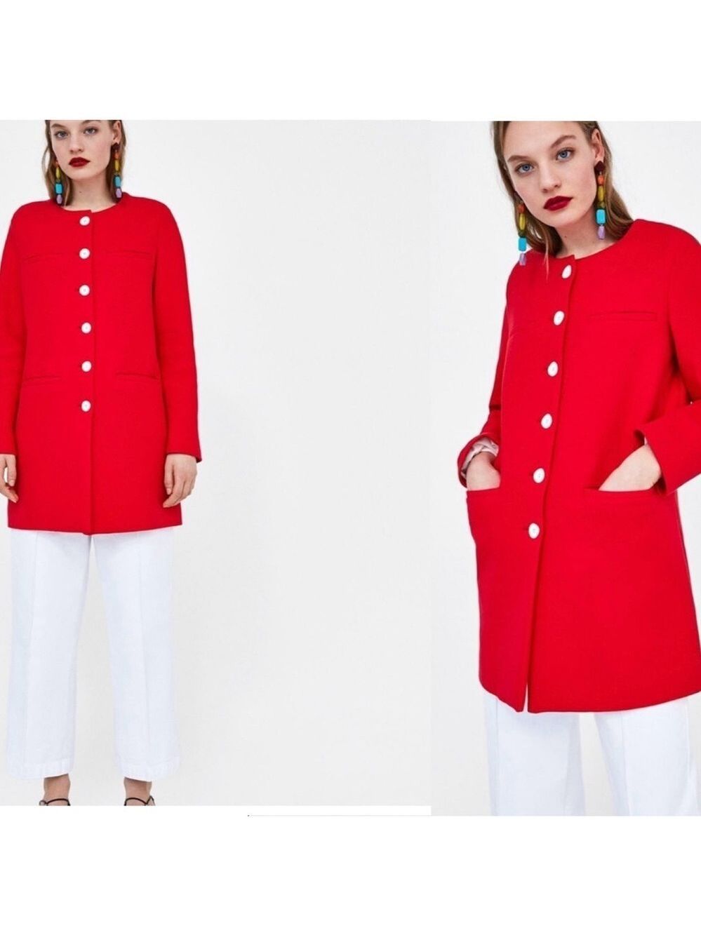 Zara red button front long sleeve jacket coat Sz M